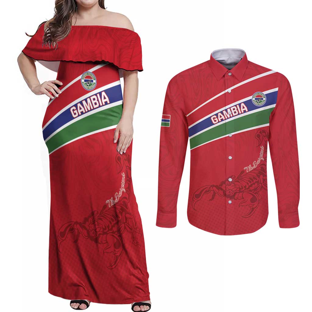 Custom Gambia Football Couples Matching Off Shoulder Maxi Dress and Long Sleeve Button Shirt Go Scorpions Go