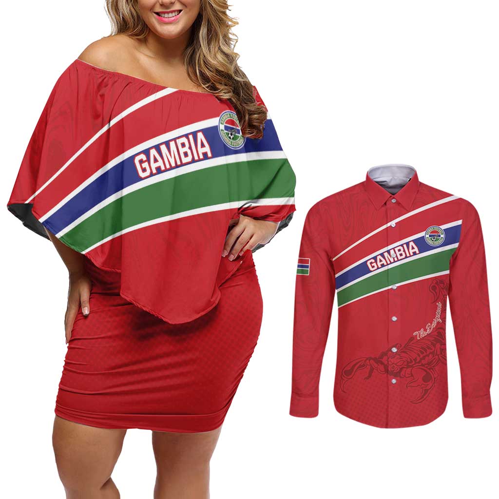 Custom Gambia Football Couples Matching Off Shoulder Short Dress and Long Sleeve Button Shirt Go Scorpions Go