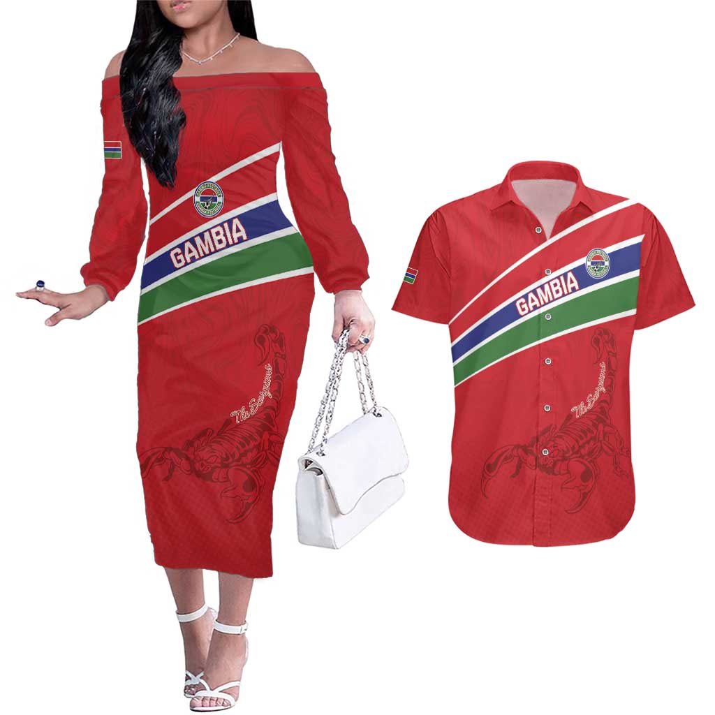 Custom Gambia Football Couples Matching Off The Shoulder Long Sleeve Dress and Hawaiian Shirt Go Scorpions Go