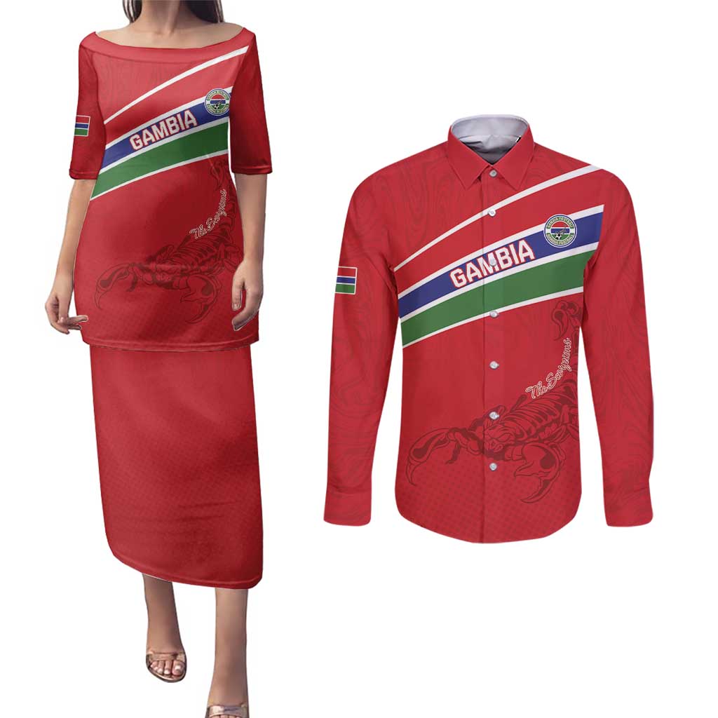 Custom Gambia Football Couples Matching Puletasi and Long Sleeve Button Shirt Go Scorpions Go