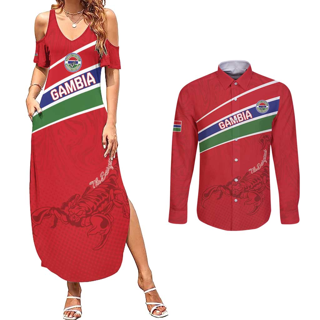 Custom Gambia Football Couples Matching Summer Maxi Dress and Long Sleeve Button Shirt Go Scorpions Go