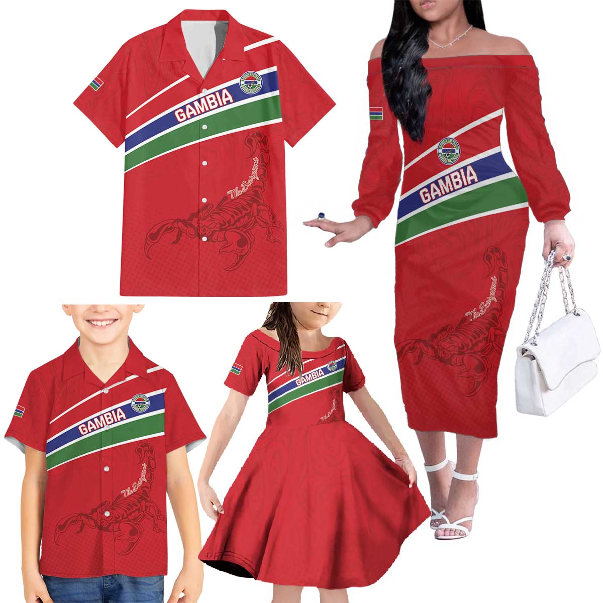 Custom Gambia Football Family Matching Off The Shoulder Long Sleeve Dress and Hawaiian Shirt Go Scorpions Go