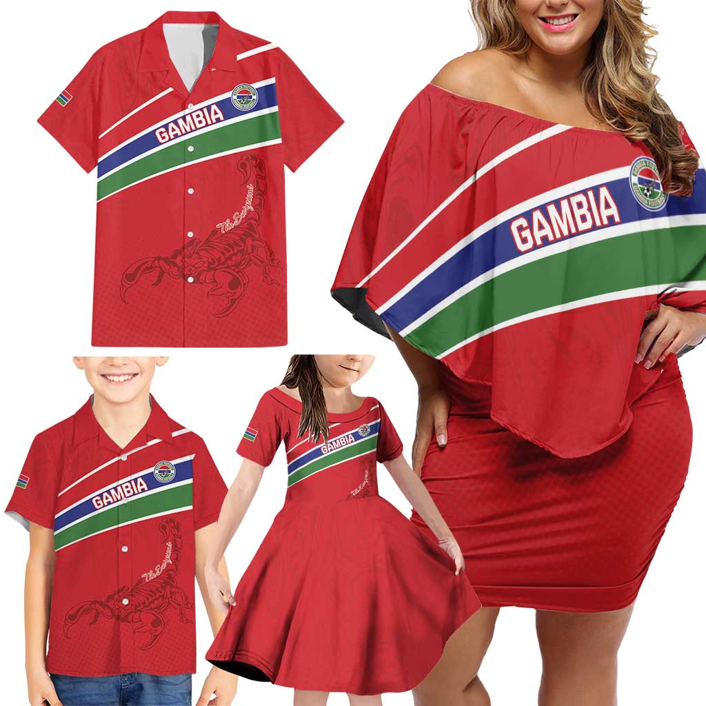 Custom Gambia Football Family Matching Off Shoulder Short Dress and Hawaiian Shirt Go Scorpions Go