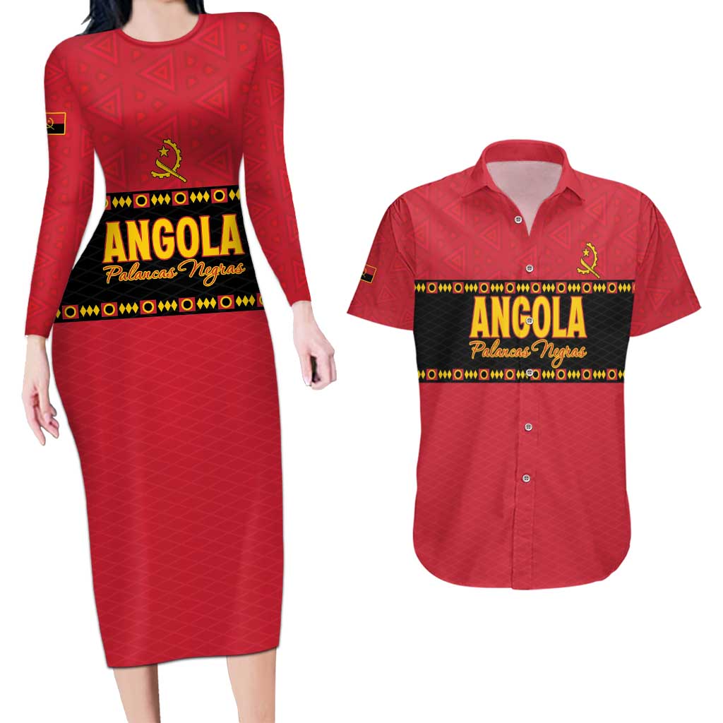 Custom Angola Football Couples Matching Long Sleeve Bodycon Dress and Hawaiian Shirt Avante Palancas Negras
