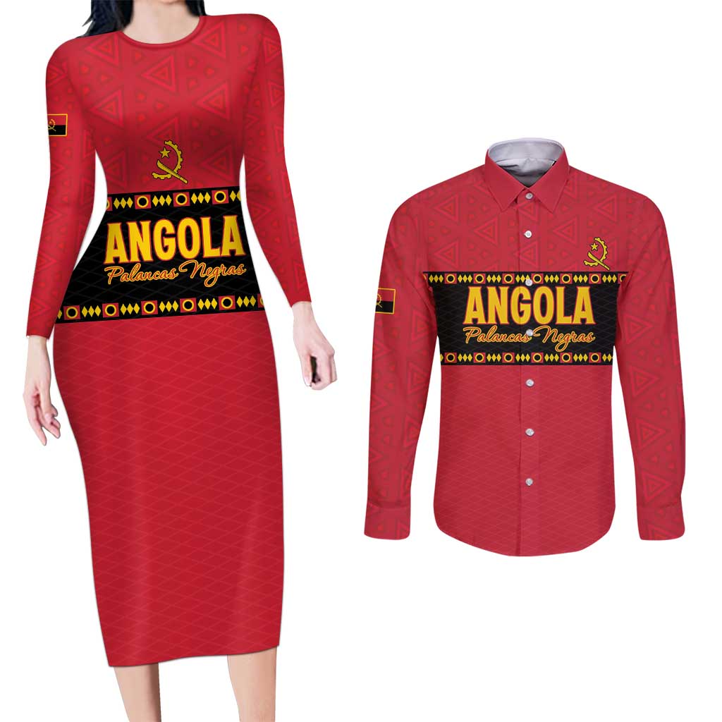 Custom Angola Football Couples Matching Long Sleeve Bodycon Dress and Long Sleeve Button Shirt Avante Palancas Negras