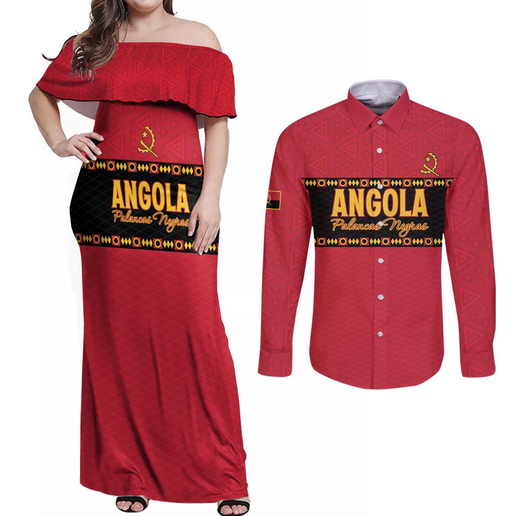 Custom Angola Football Couples Matching Off Shoulder Maxi Dress and Long Sleeve Button Shirt Avante Palancas Negras