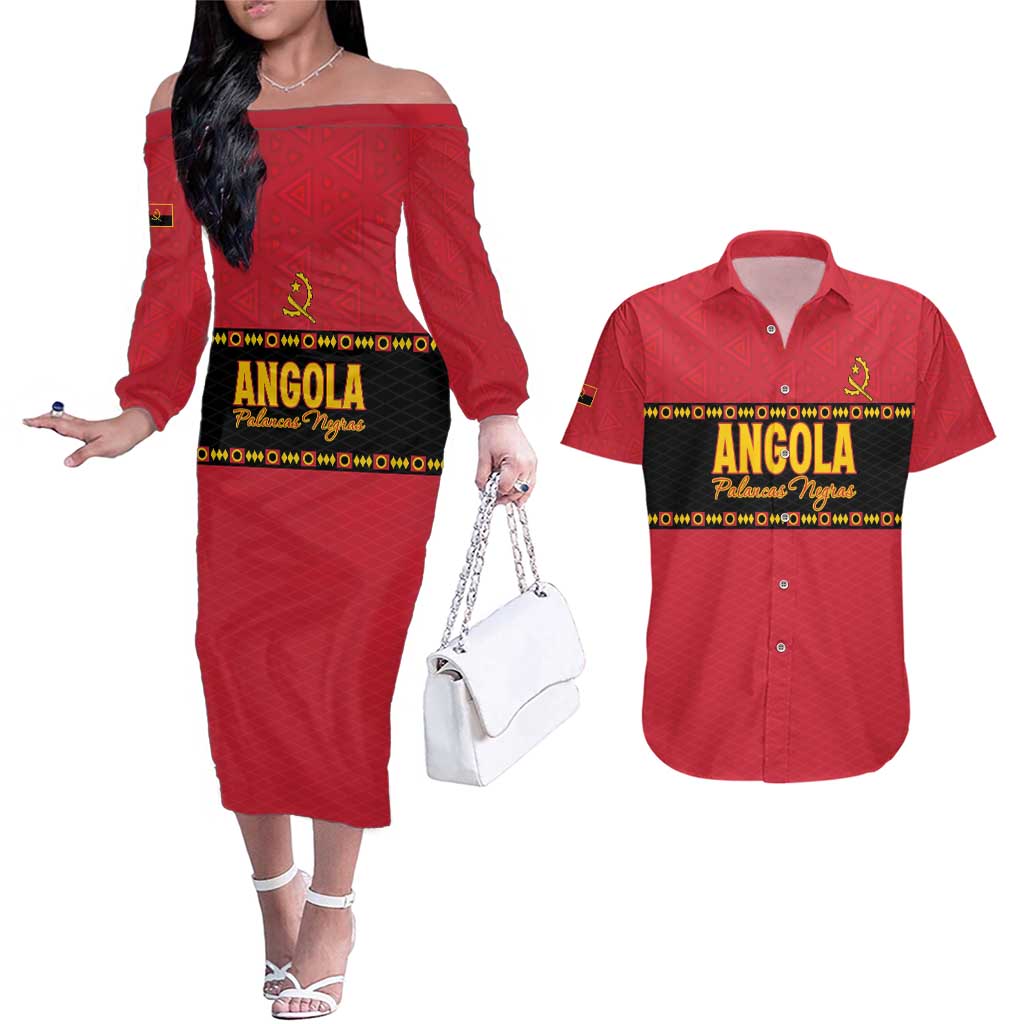 Custom Angola Football Couples Matching Off The Shoulder Long Sleeve Dress and Hawaiian Shirt Avante Palancas Negras
