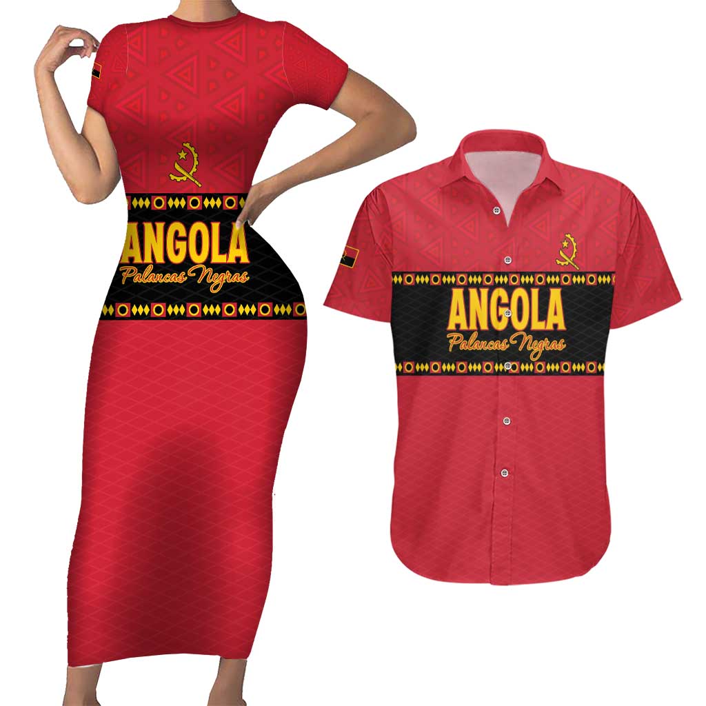 Custom Angola Football Couples Matching Short Sleeve Bodycon Dress and Hawaiian Shirt Avante Palancas Negras