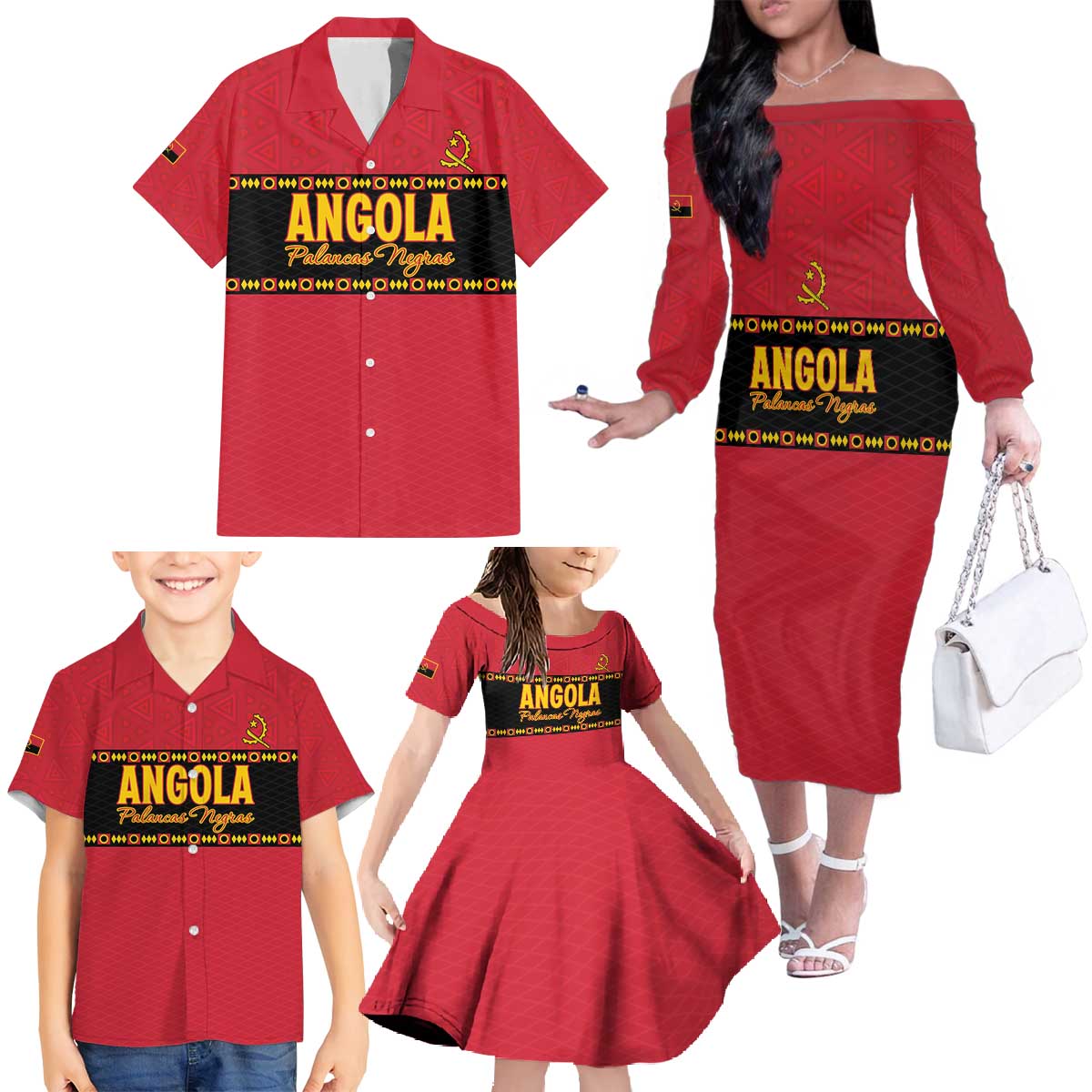 Custom Angola Football Family Matching Off The Shoulder Long Sleeve Dress and Hawaiian Shirt Avante Palancas Negras