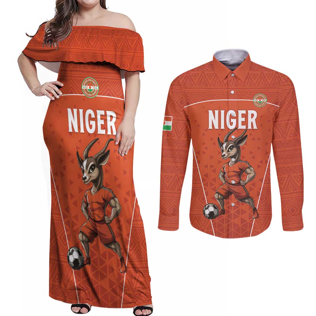 Custom Niger Football Couples Matching Off Shoulder Maxi Dress and Long Sleeve Button Shirt Allez les Menas On Va Gagner