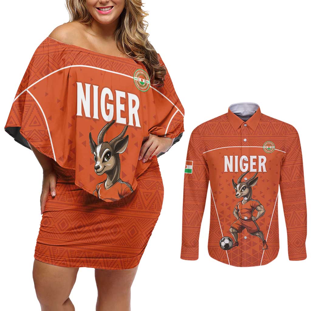 Custom Niger Football Couples Matching Off Shoulder Short Dress and Long Sleeve Button Shirt Allez les Menas On Va Gagner
