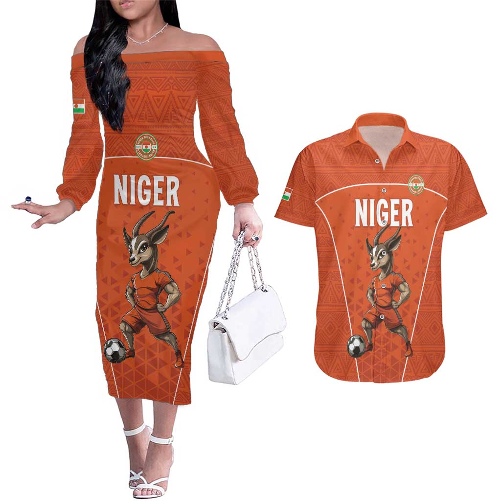 Custom Niger Football Couples Matching Off The Shoulder Long Sleeve Dress and Hawaiian Shirt Allez les Menas On Va Gagner