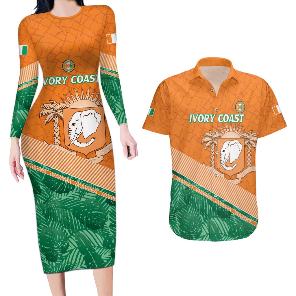 Ivory Coast Rugby Custom Couples Matching Long Sleeve Bodycon Dress and Hawaiian Shirt Allez Les Elephants