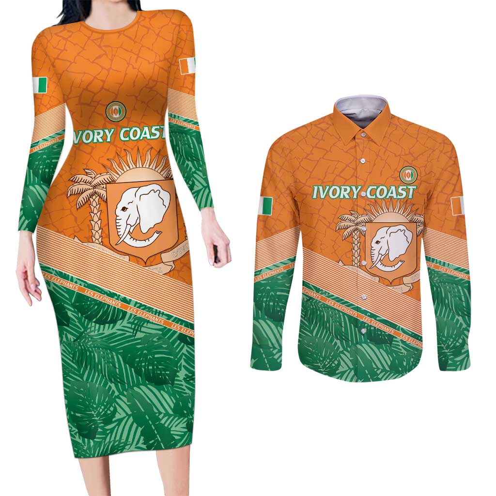 Ivory Coast Rugby Custom Couples Matching Long Sleeve Bodycon Dress and Long Sleeve Button Shirt Allez Les Elephants