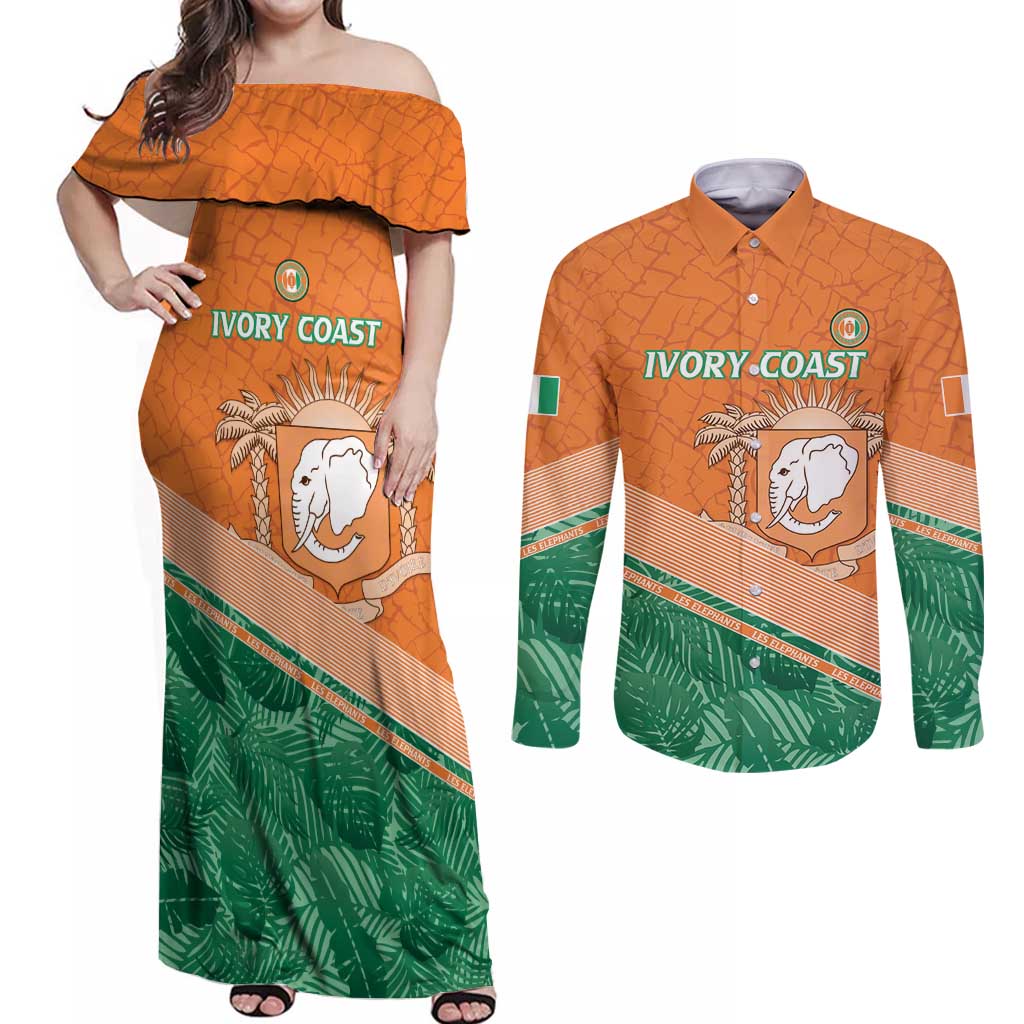 Ivory Coast Rugby Custom Couples Matching Off Shoulder Maxi Dress and Long Sleeve Button Shirt Allez Les Elephants