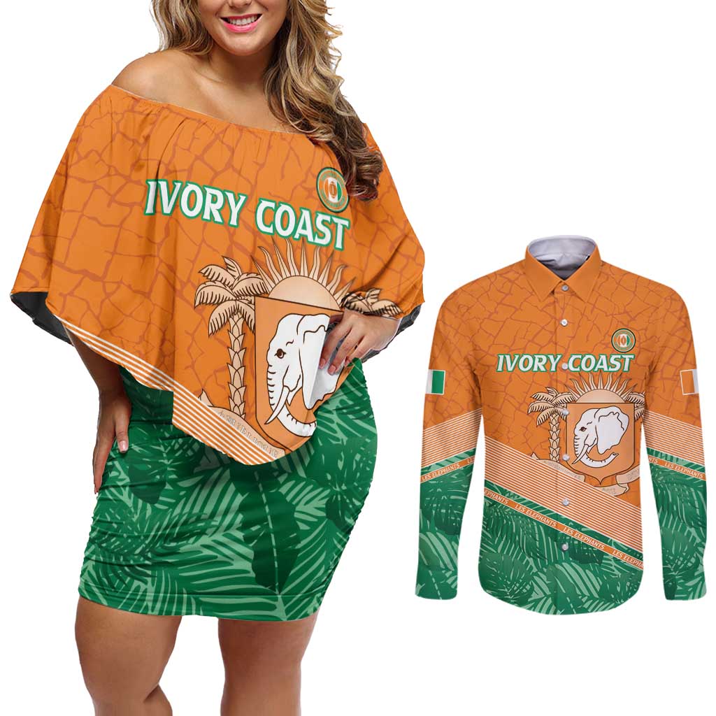 Ivory Coast Rugby Custom Couples Matching Off Shoulder Short Dress and Long Sleeve Button Shirt Allez Les Elephants