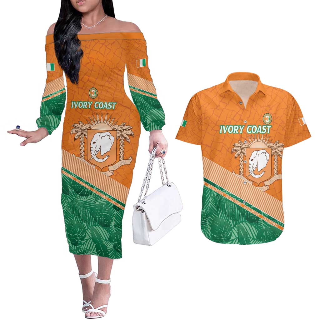 Ivory Coast Rugby Custom Couples Matching Off The Shoulder Long Sleeve Dress and Hawaiian Shirt Allez Les Elephants