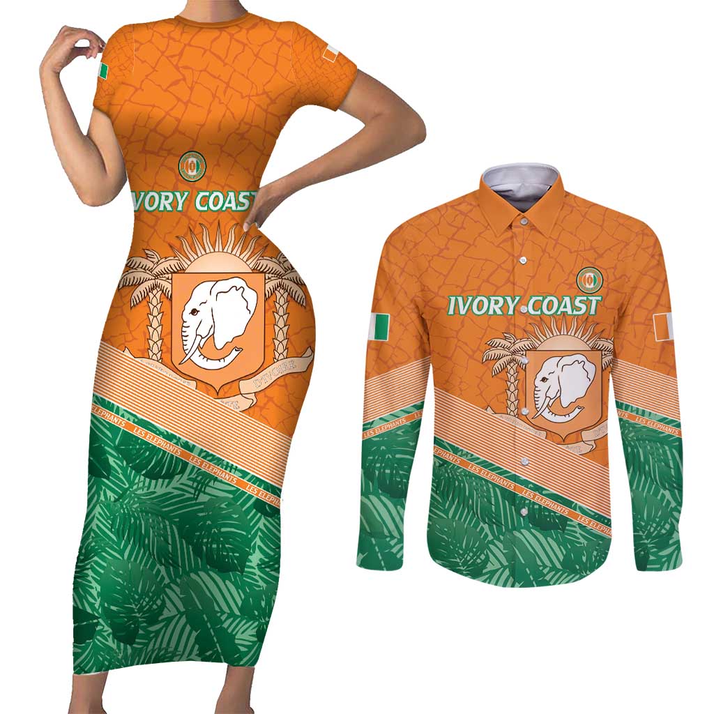 Ivory Coast Rugby Custom Couples Matching Short Sleeve Bodycon Dress and Long Sleeve Button Shirt Allez Les Elephants
