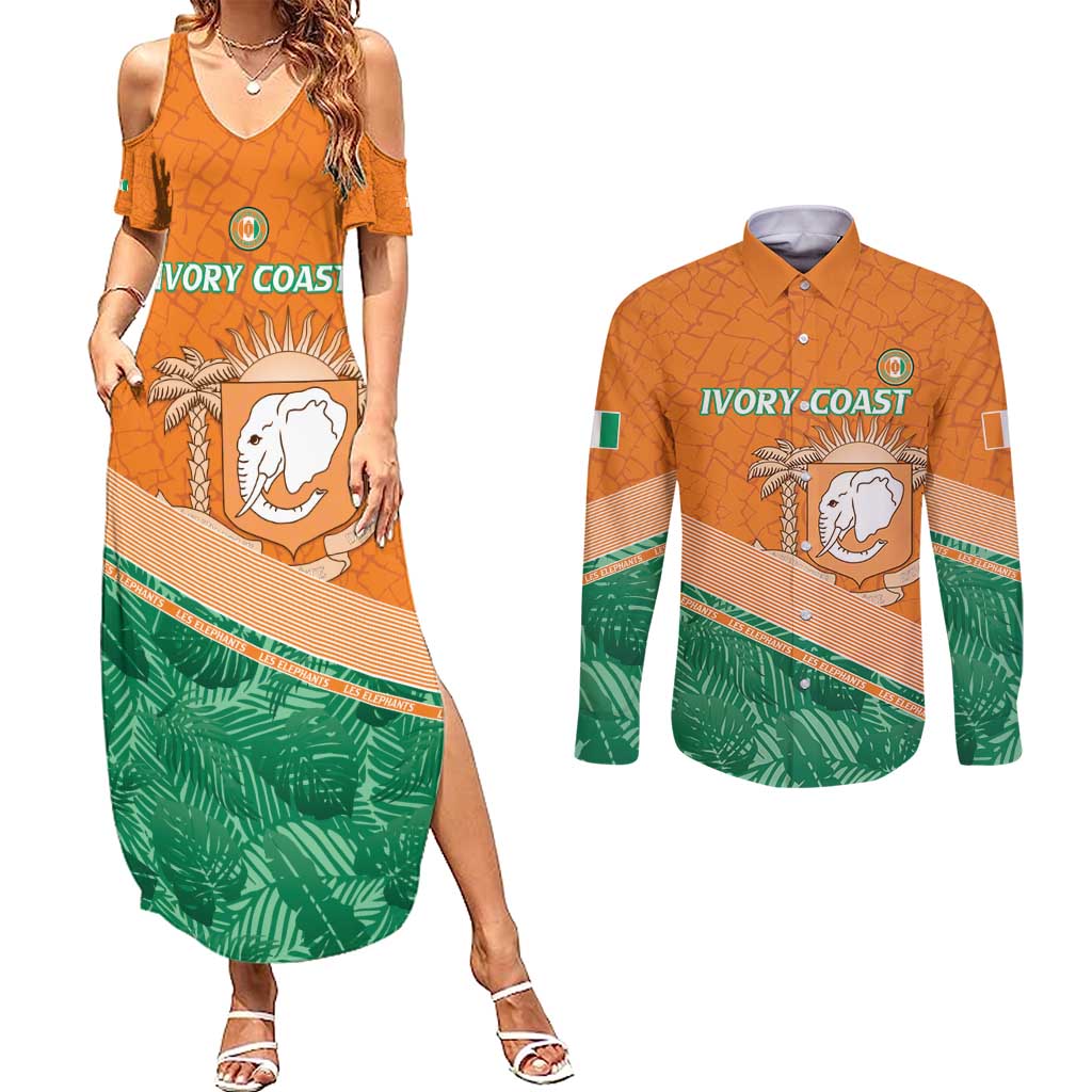 Ivory Coast Rugby Custom Couples Matching Summer Maxi Dress and Long Sleeve Button Shirt Allez Les Elephants