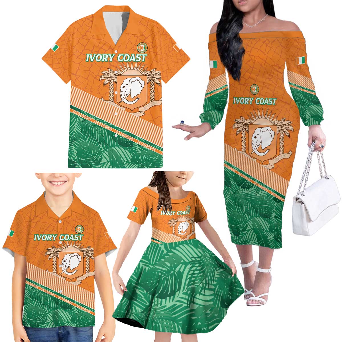 Ivory Coast Rugby Custom Family Matching Off The Shoulder Long Sleeve Dress and Hawaiian Shirt Allez Les Elephants
