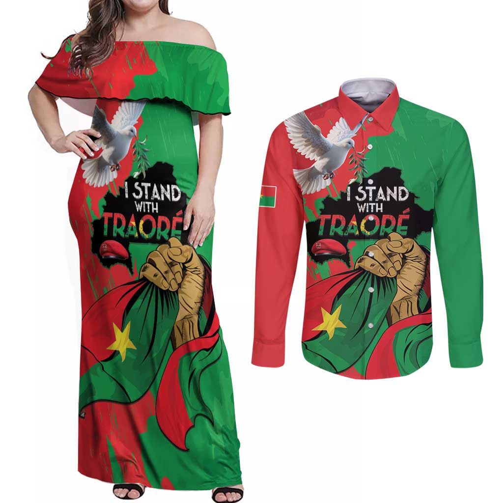 Traore Burkina Faso Couples Matching Off Shoulder Maxi Dress and Long Sleeve Button Shirt I Stand With Traore