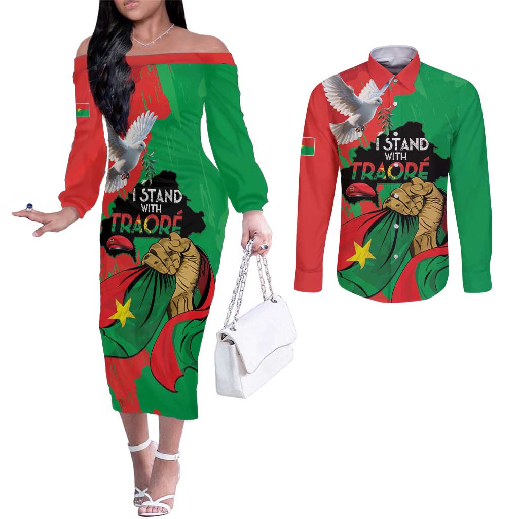Traore Burkina Faso Couples Matching Off The Shoulder Long Sleeve Dress and Long Sleeve Button Shirt I Stand With Traore