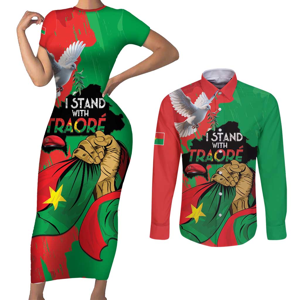 Traore Burkina Faso Couples Matching Short Sleeve Bodycon Dress and Long Sleeve Button Shirt I Stand With Traore