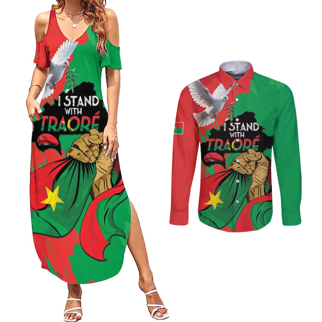 Traore Burkina Faso Couples Matching Summer Maxi Dress and Long Sleeve Button Shirt I Stand With Traore
