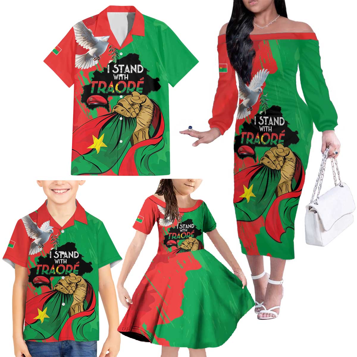 Traore Burkina Faso Family Matching Off The Shoulder Long Sleeve Dress and Hawaiian Shirt I Stand With Traore