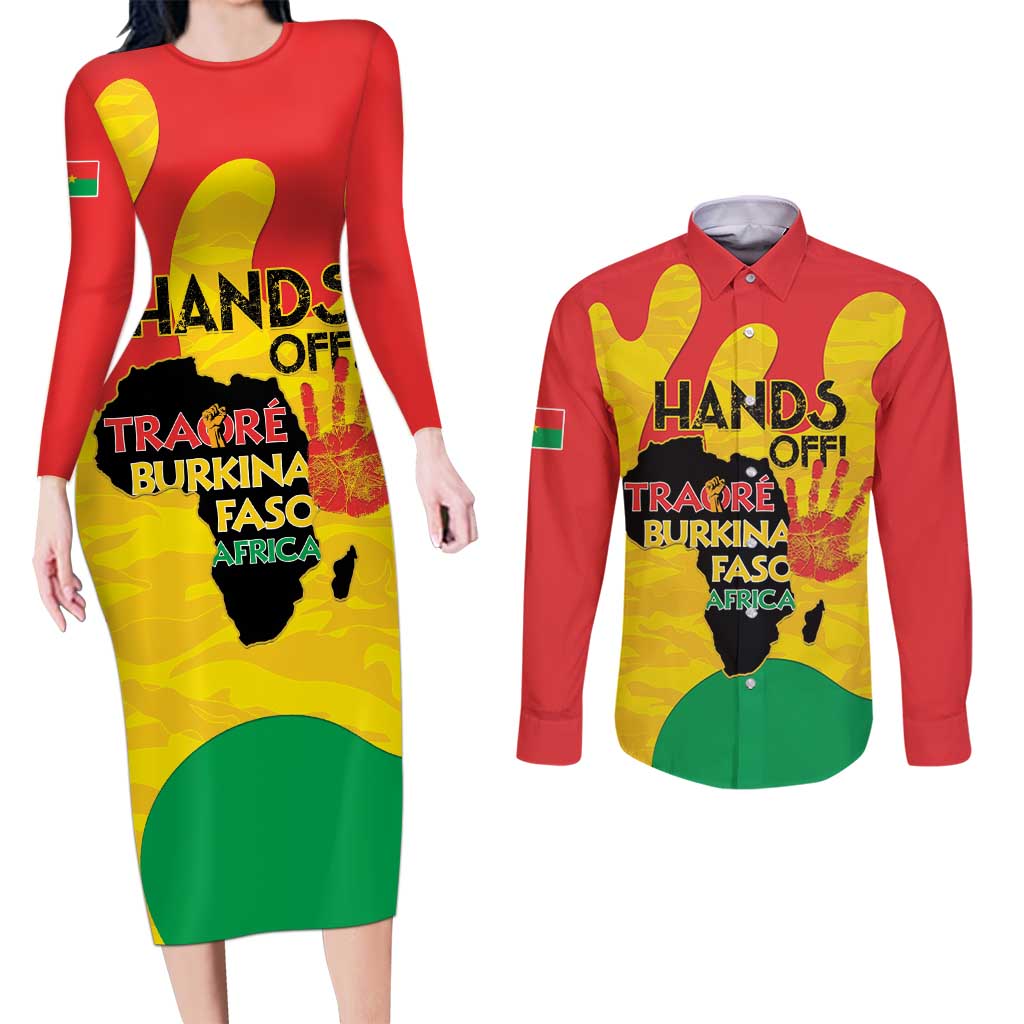 Hands Off Traore Burkina Faso Africa Couples Matching Long Sleeve Bodycon Dress and Long Sleeve Button Shirt