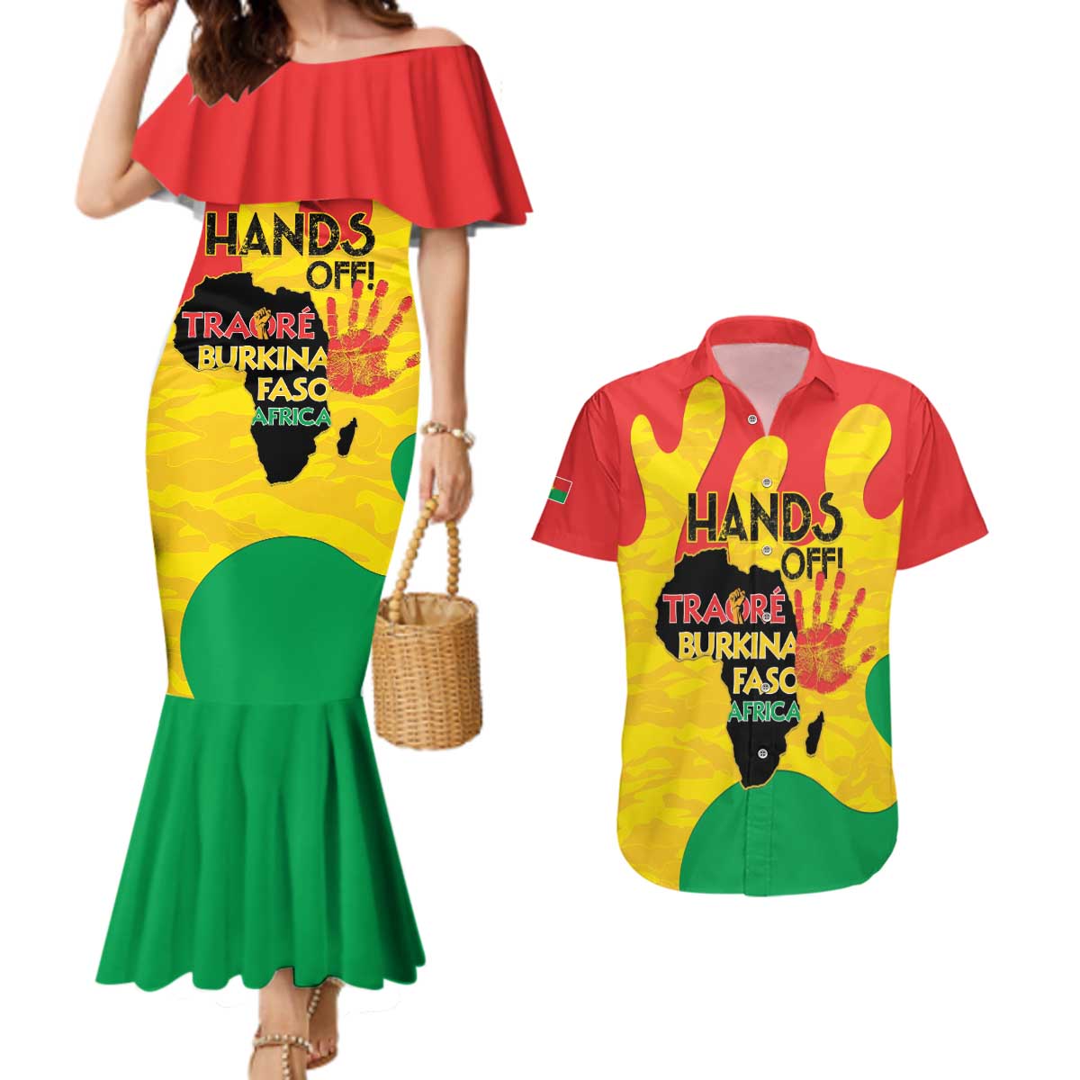Hands Off Traore Burkina Faso Africa Couples Matching Mermaid Dress and Hawaiian Shirt