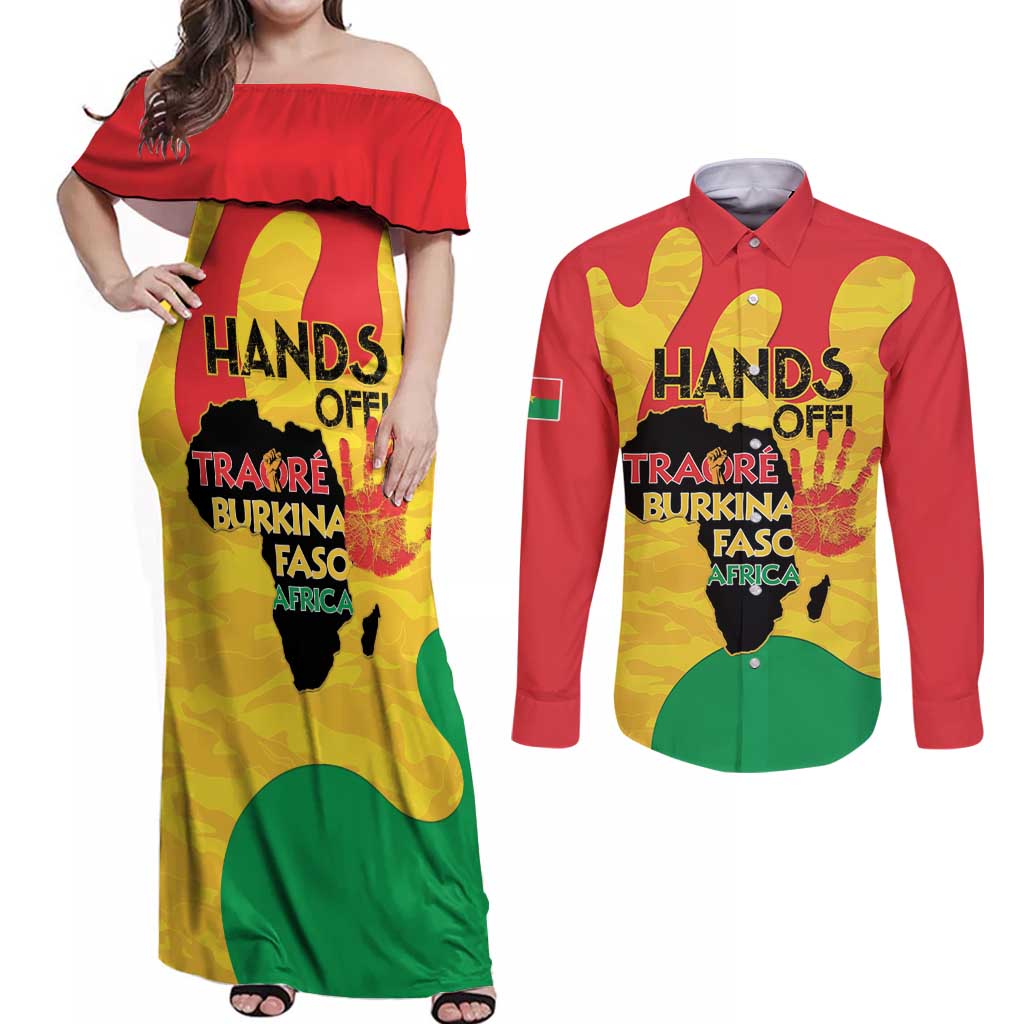 Hands Off Traore Burkina Faso Africa Couples Matching Off Shoulder Maxi Dress and Long Sleeve Button Shirt