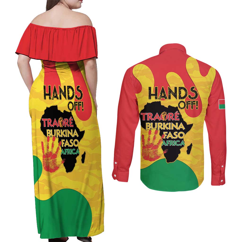 Hands Off Traore Burkina Faso Africa Couples Matching Off Shoulder Maxi Dress and Long Sleeve Button Shirt