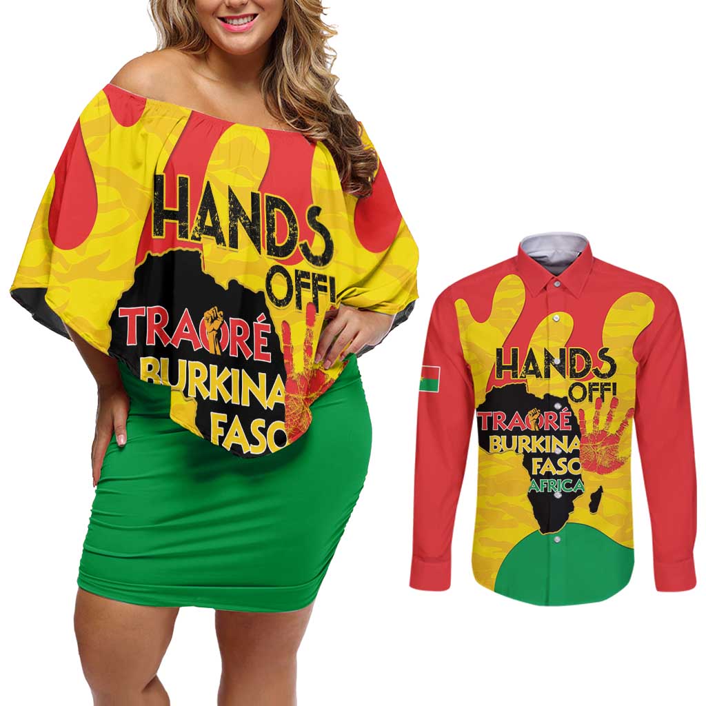 Hands Off Traore Burkina Faso Africa Couples Matching Off Shoulder Short Dress and Long Sleeve Button Shirt