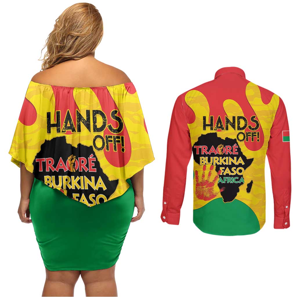 Hands Off Traore Burkina Faso Africa Couples Matching Off Shoulder Short Dress and Long Sleeve Button Shirt