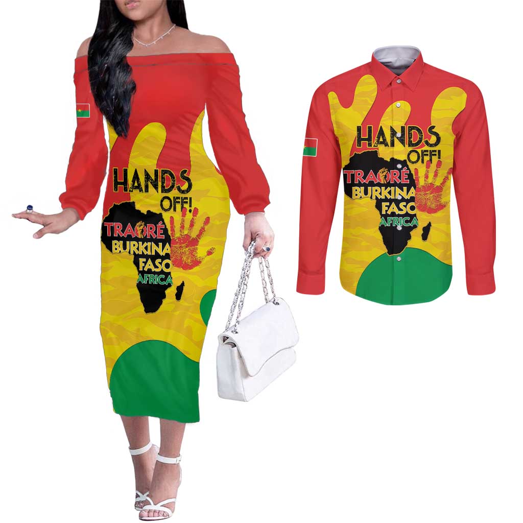 Hands Off Traore Burkina Faso Africa Couples Matching Off The Shoulder Long Sleeve Dress and Long Sleeve Button Shirt