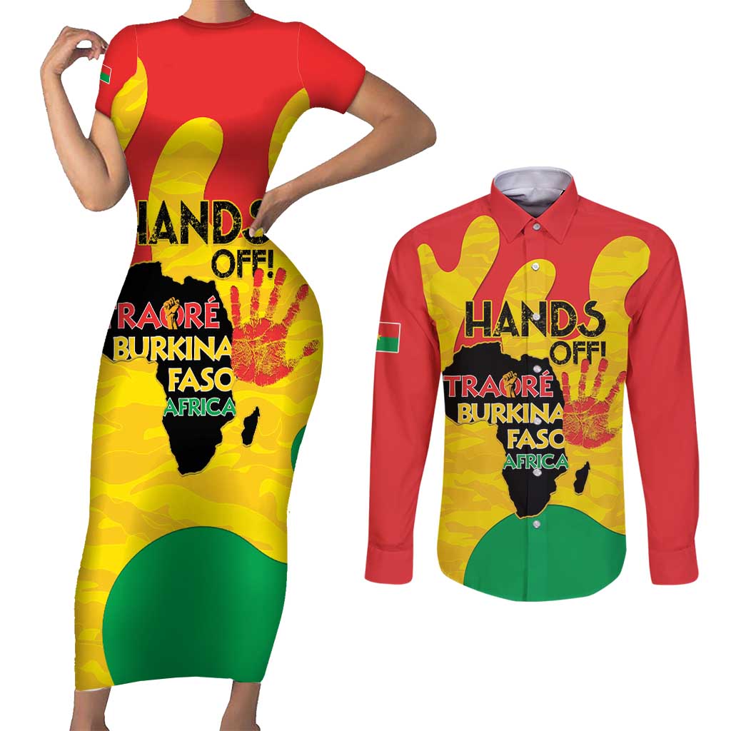 Hands Off Traore Burkina Faso Africa Couples Matching Short Sleeve Bodycon Dress and Long Sleeve Button Shirt