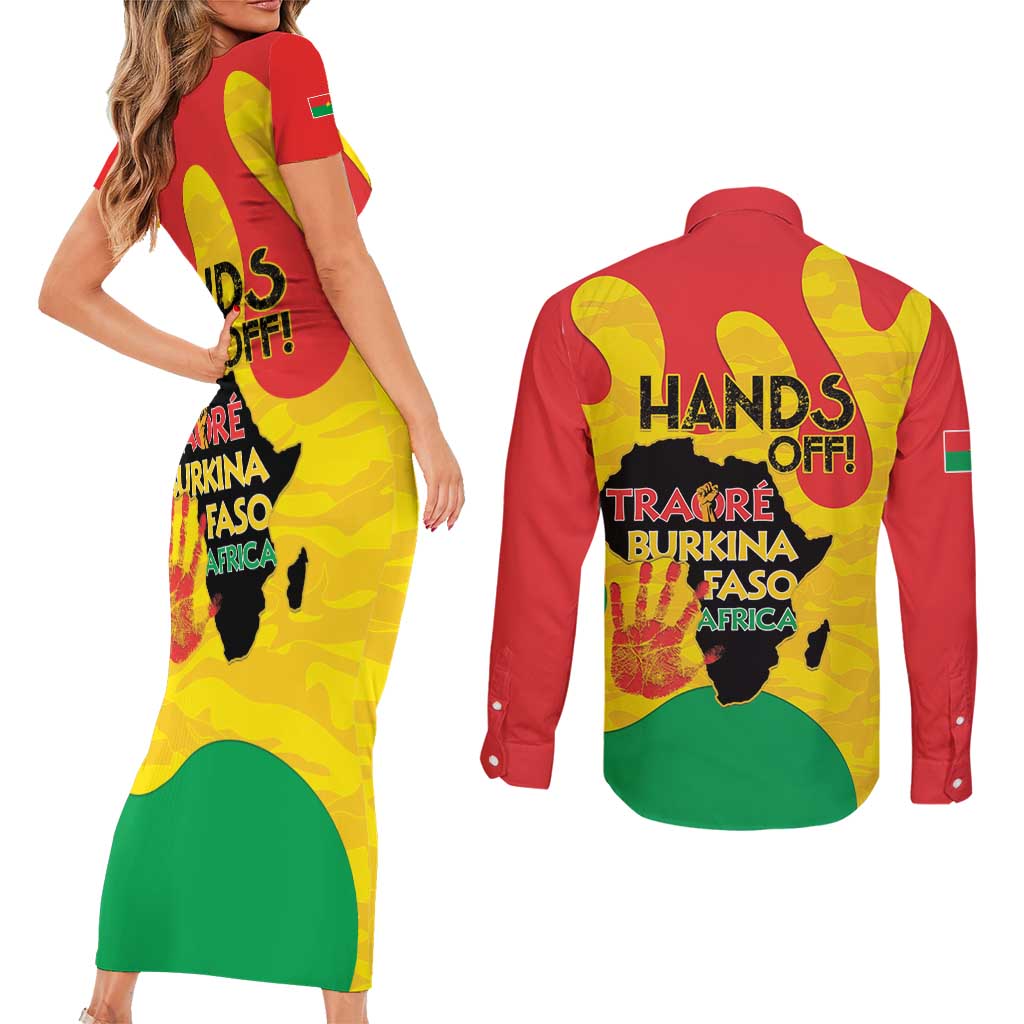 Hands Off Traore Burkina Faso Africa Couples Matching Short Sleeve Bodycon Dress and Long Sleeve Button Shirt
