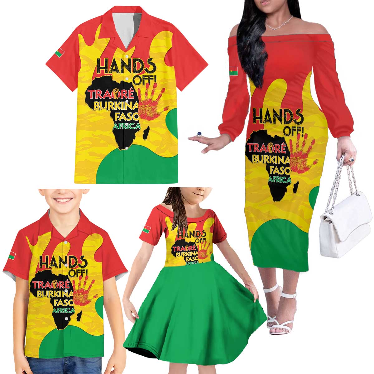 Hands Off Traore Burkina Faso Africa Family Matching Off The Shoulder Long Sleeve Dress and Hawaiian Shirt