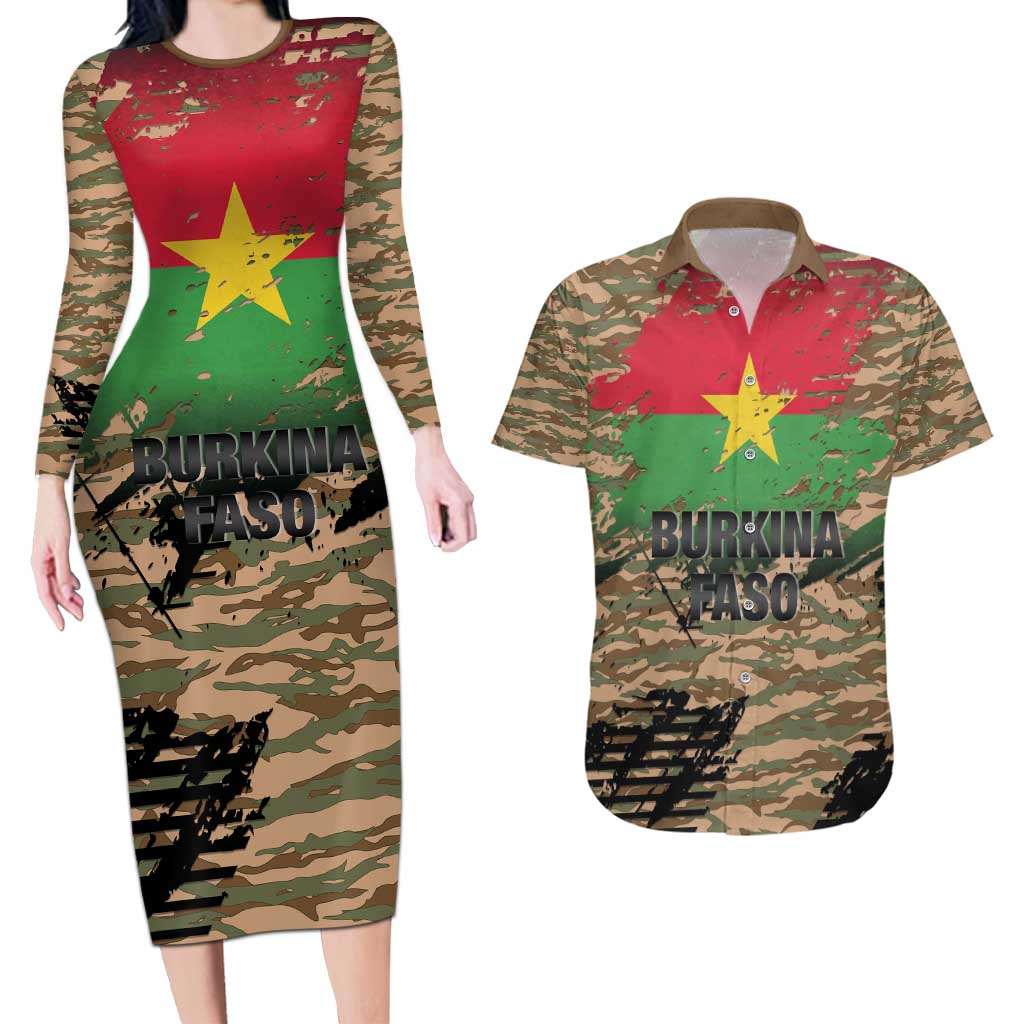 Burkina Faso Military Couples Matching Long Sleeve Bodycon Dress and Hawaiian Shirt Bravo Caption Traore! Viva Burkina Faso Nation!