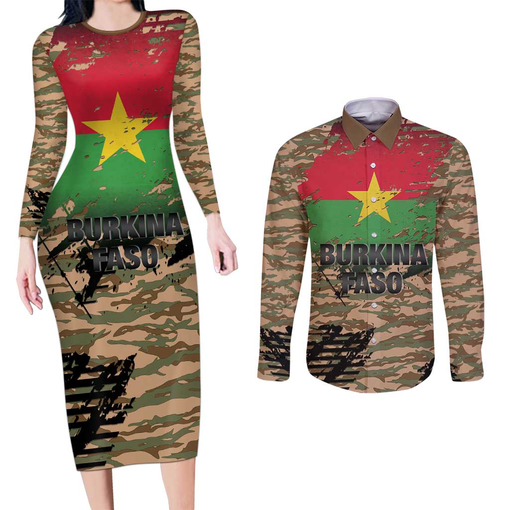 Burkina Faso Military Couples Matching Long Sleeve Bodycon Dress and Long Sleeve Button Shirt Bravo Caption Traore! Viva Burkina Faso Nation!
