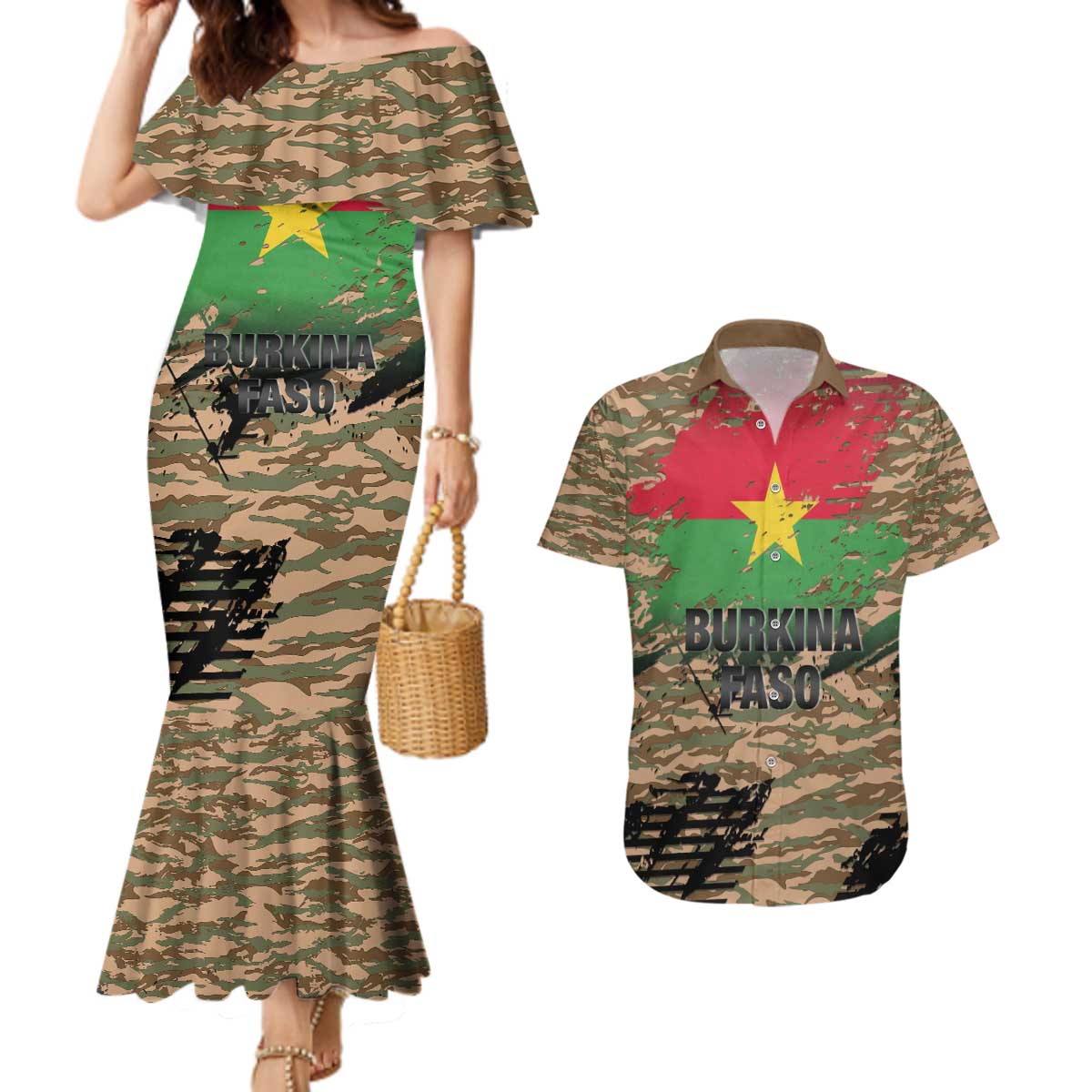 Burkina Faso Military Couples Matching Mermaid Dress and Hawaiian Shirt Bravo Caption Traore! Viva Burkina Faso Nation!