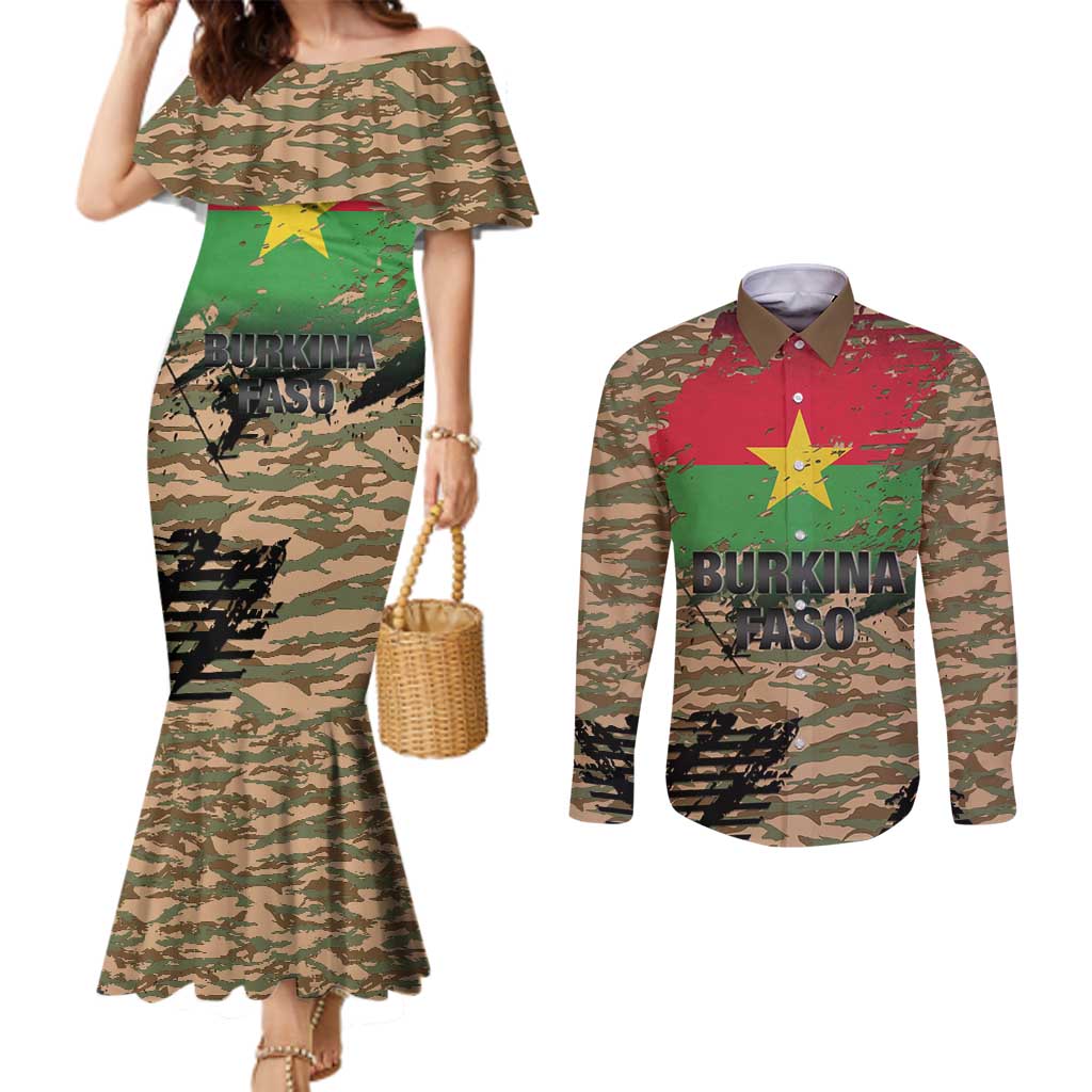 Burkina Faso Military Couples Matching Mermaid Dress and Long Sleeve Button Shirt Bravo Caption Traore! Viva Burkina Faso Nation!