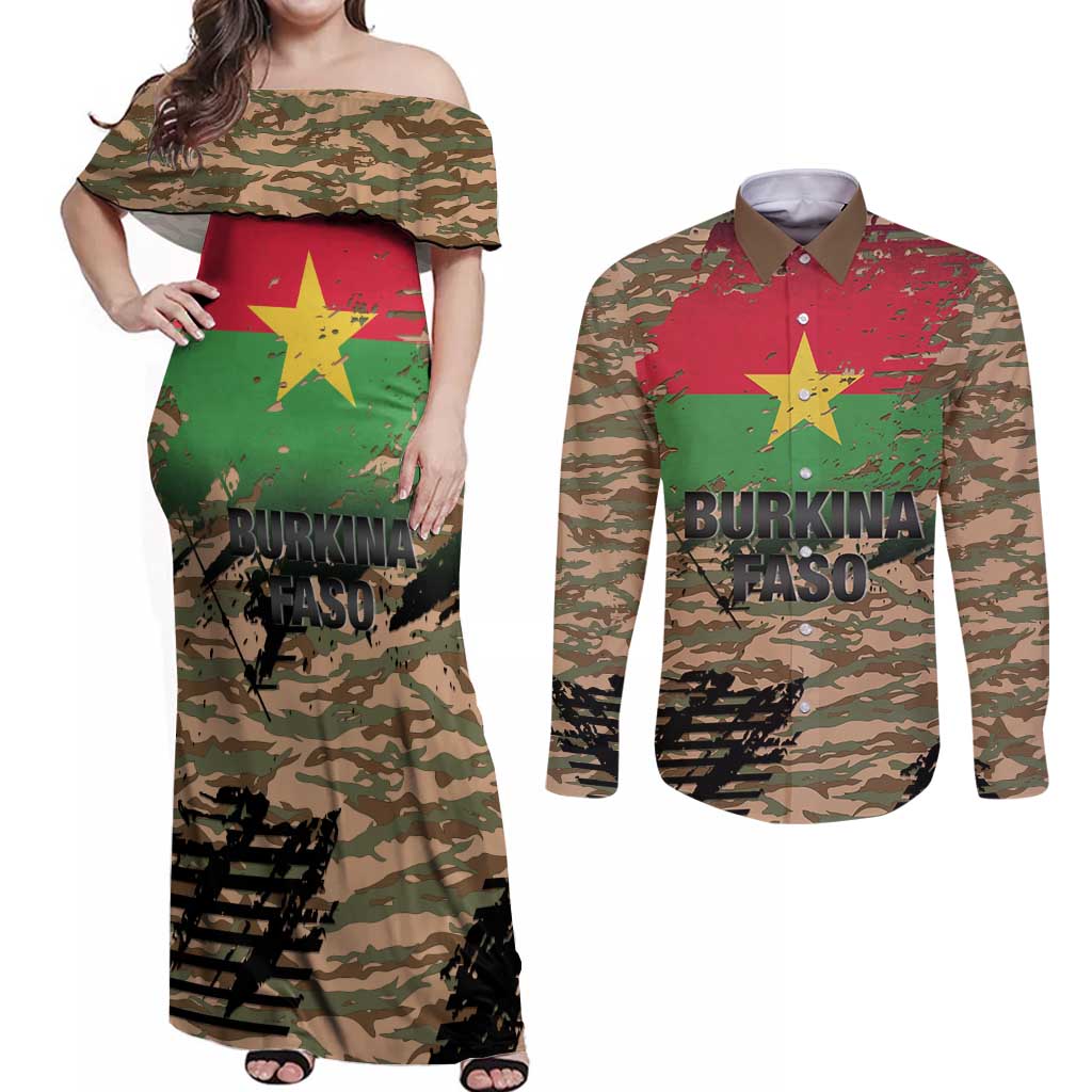 Burkina Faso Military Couples Matching Off Shoulder Maxi Dress and Long Sleeve Button Shirt Bravo Caption Traore! Viva Burkina Faso Nation!