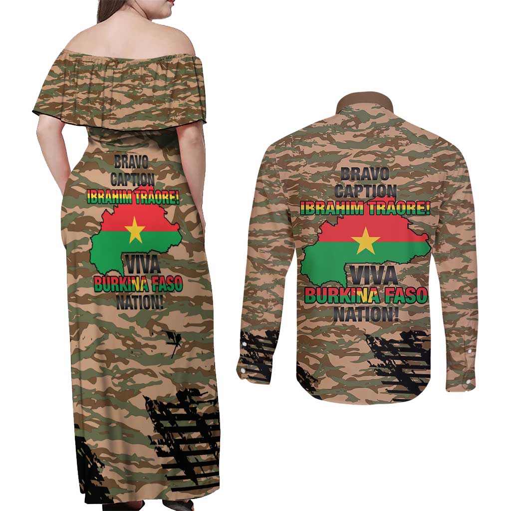 Burkina Faso Military Couples Matching Off Shoulder Maxi Dress and Long Sleeve Button Shirt Bravo Caption Traore! Viva Burkina Faso Nation!