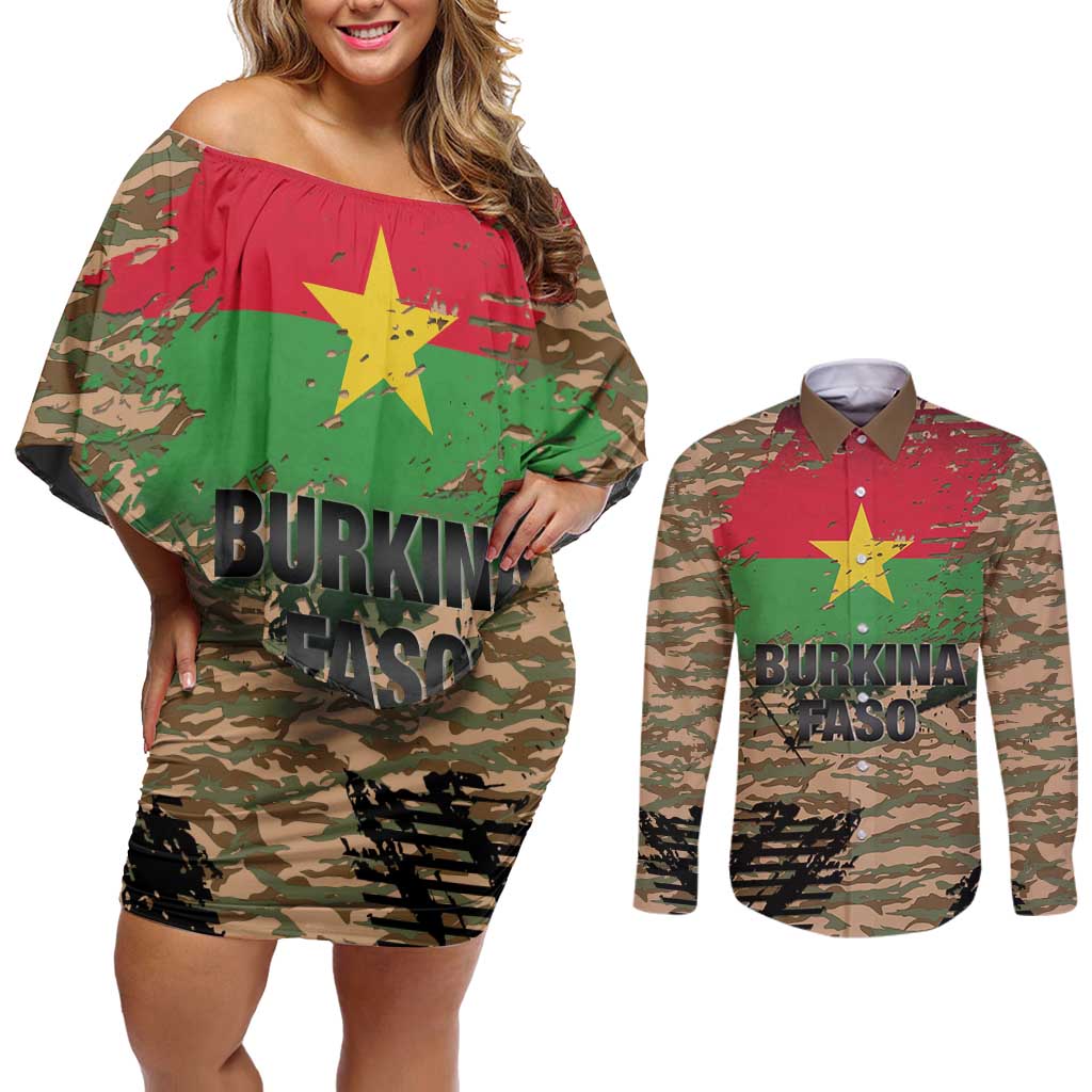 Burkina Faso Military Couples Matching Off Shoulder Short Dress and Long Sleeve Button Shirt Bravo Caption Traore! Viva Burkina Faso Nation!