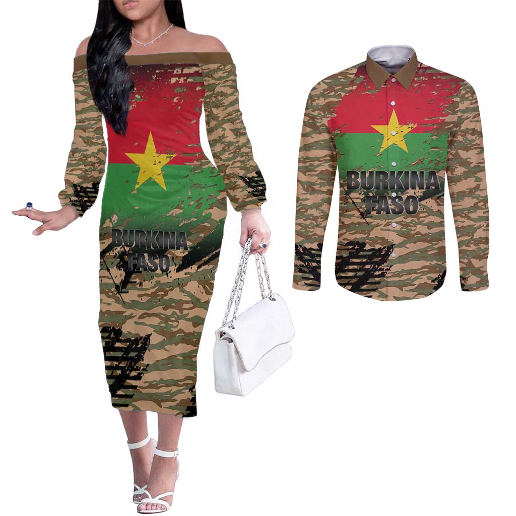 Burkina Faso Military Couples Matching Off The Shoulder Long Sleeve Dress and Long Sleeve Button Shirt Bravo Caption Traore! Viva Burkina Faso Nation!