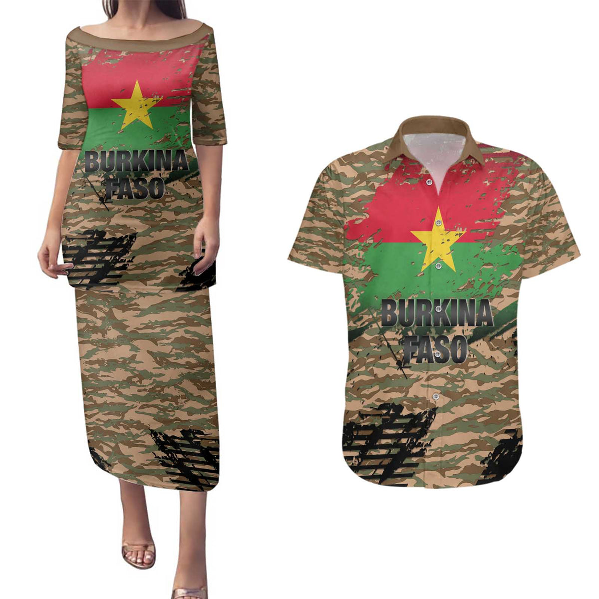 Burkina Faso Military Couples Matching Puletasi and Hawaiian Shirt Bravo Caption Traore! Viva Burkina Faso Nation!