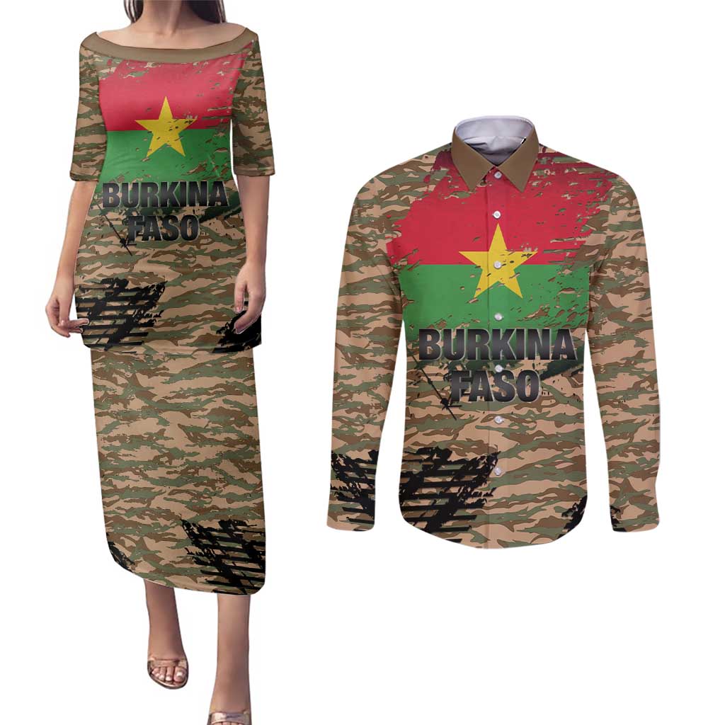 Burkina Faso Military Couples Matching Puletasi and Long Sleeve Button Shirt Bravo Caption Traore! Viva Burkina Faso Nation!