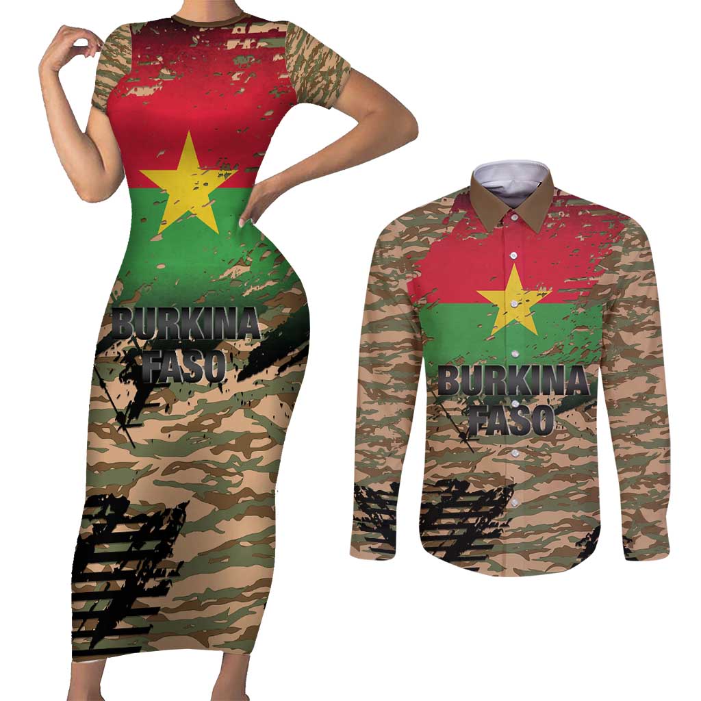 Burkina Faso Military Couples Matching Short Sleeve Bodycon Dress and Long Sleeve Button Shirt Bravo Caption Traore! Viva Burkina Faso Nation!